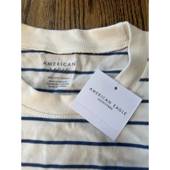 NWT American Eagle Boxy Striped Cotton Crewneck T-Shirt Blue and White Size XXS - Picture 3 of 7